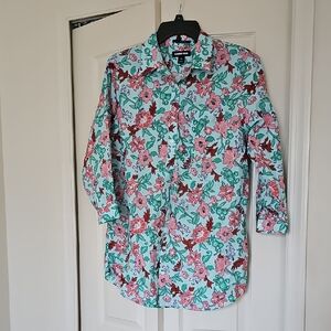 Lands' End Floral Print Shirt in Pink and Green